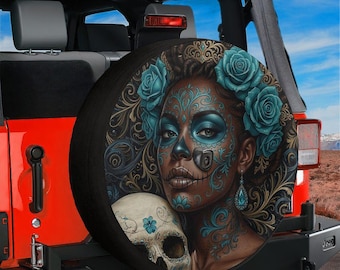 La Reina Dorada Ebony Day of the Dead Queen Spare Tire Cover With Backup Camera Hole Option