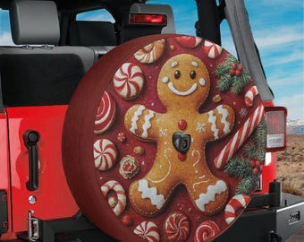 Christmas Gingerbread Man Spare Tire Cover with Backup Camera Hole for Jeep Bronco RV Holiday Tire Cover Cute Cookie Winter Design