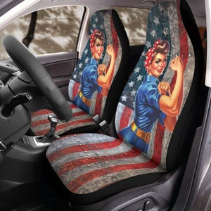 Patriotic Riveter Girl Seat Covers, American Flag Front Seat Protectors for Jeep Wrangler Bronco, Vintage USA Style Universal Fit Design
