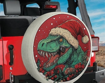 Spare Tire Dino Claus T-Rex Christmas  Cover With Backup Camera Hole Option For Wranglers Broncos Tire Available RV Camping Gift