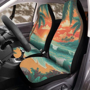 Retro Beach Car Seat Covers Palm Tree Ocean Seat Covers for Cars Jeeps Broncos Blue Orange Vintage Style Front Seat Cover Set