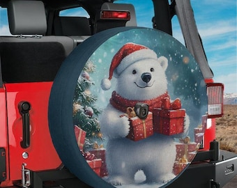 Christmas Winter Wonderland Polar Bear Spare Tire Cover With Backup Camera Hole