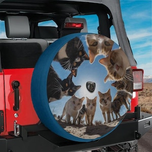 Lustige Katze Ring Ersatzreifenabdeckung mit Rückfahrkamera Loch für Jeep RV oder Bronco Curious Cats Group Reifenabdeckung Geschenk für Katzenliebhaber