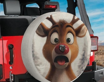 Surprised Rudolph the Red Nosed Reindeer Spare Tire Cover With Backup Camera Hole Option For Wranglers Broncos Tire Color Print Camping Gift