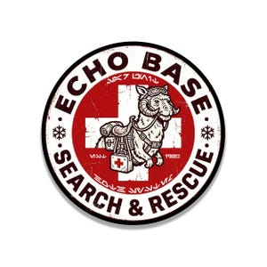 May include: A round sticker with a distressed design featuring a creature wearing goggles and a pack, set against a red cross. The text "ECHO BASE SEARCH & RESCUE" is in a circular layout, with "1980" at the bottom. Snowflakes and alien text complete the design.