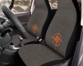 Topographic Map Car Seat Covers for Front Seats Terrain Line Design Adventure Travel Seat Covers for Vehicle Hiking Camping Car Interior