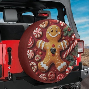 Funda para rueda de repuesto navideña con diseño de hombre de jengibre y orificio para cámara de respaldo para Jeep Bronco RV, diseño navideño de galleta linda para invierno.