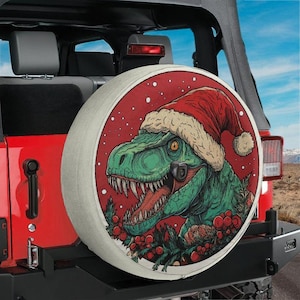 Zapasowe koło Dino Claus T-Rex Boże Narodzenie Pokrowiec z Otworem na Kamerę Cofania Opcja Dla Wranglers Broncos Opona Dostępna Prezent Na Kemping W Kamperze