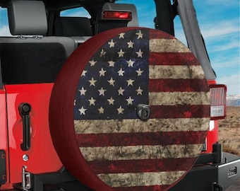 Rustic American Flag Spare Tire Cover, with Camera Hole