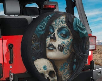 Spare Tire Turquoise Día de los Muertos Skull Cover With Backup Camera Hole Option For Wranglers, Broncos All Tire Sizes RV Camping Gift