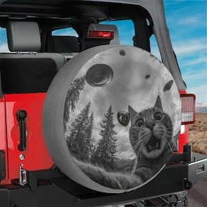 Lustige Katzen UFO Reifenabdeckung Alien Raumschiff Design für Jeep Bronco RV mit Rückfahrkameraloch Niedliche Ersatzradabdeckung für Geländewagen
