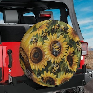 Spare Tire Sunflower & Bumblebee Bliss Cover With Backup Camera Hole Option For Wranglers, Broncos Tire Full Color Print RV Camping Gift