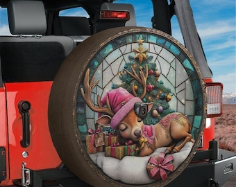 Spare Tire Baby Reindeer Christmas Stained Glass Spare Tire Cover With Backup Camera Hole