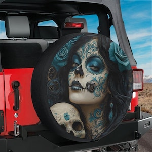Spare Tire Turquoise Día de los Muertos Skull Cover With Backup Camera Hole Option For Wranglers, Broncos All Tire Sizes RV Camping Gift