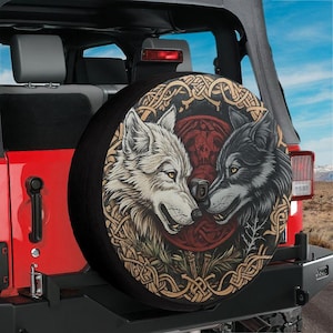 Spare Tire Skoll and Hati Viking Wolves Cover With Backup Camera Hole Option For Wranglers, Broncos Full Color Print RV Camping Gift