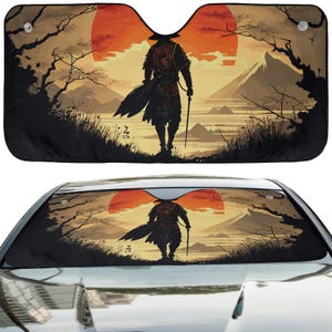 Samurai Sunset Car Windshield Sunshade, Japanese Warrior Sunset Front Window Shade Protector, Asian Themed Auto Sun Visor Cover