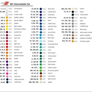 Pu&ograve; includere: Una cartella colori con 651 colori intermedi, tra cui sfumature di blu, verde, rosso, giallo, arancione, marrone e grigio. La cartella &egrave; etichettata "651 Intermediate Cal" e include il nome del colore, il codice colore e i valori RGB per ogni colore.
