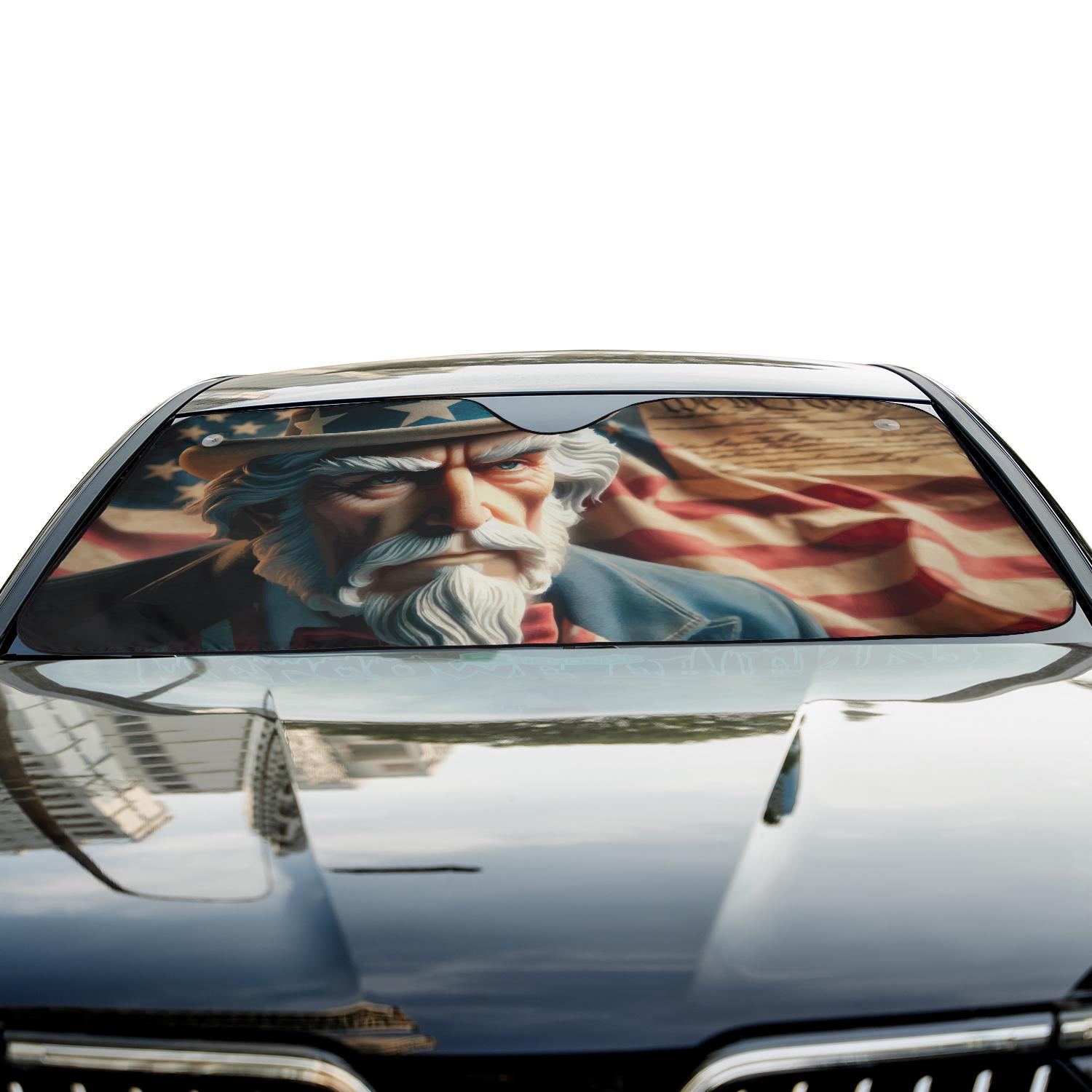 Uncle Sam We the People Car Windshield Sunshade, Patriotic USA Flag Front Window Shade Protector, American Freedom Auto Sun Visor Cover