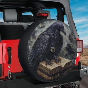 Spare Tire Odin Huginn&#39;s Black Raven Tome Spell Book Cover With Backup Camera Hole Option For Wrangler, Broncos Tire RV Camping Gift