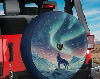 Spare Tire Aurora Wolf Cover With Backup Camera Hole Option For Wranglers, Broncos All Tire Sizes Available Full Color Print RV Camping Gift