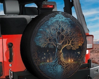 Norse Tree of Life Spare Tire Cover With Backup Camera Hole Option For Wranglers, Broncos All Tire Sizes Full Color Print RV Camping Gift
