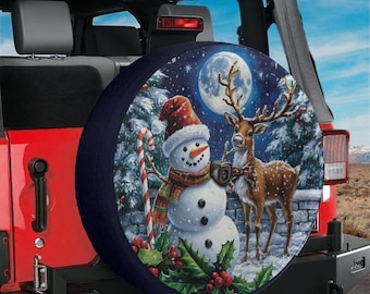 Christmas Snowman Reindeer Spare Tire Cover with Backup Camera Hole for Jeep RV Bronco Festive Holiday Accessory Camping Gift