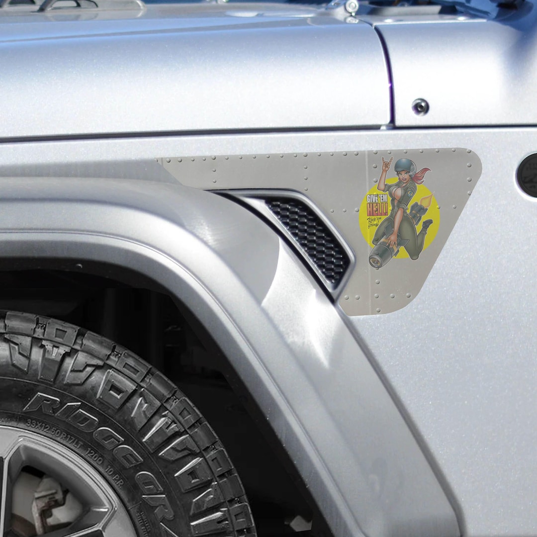 World War II Give Em Hell Pin-up Fender Vent Decal - Fits Jeep