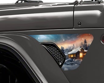 Calcomanía de ventilación del guardabarros de la escena de la cabina de invierno de Navidad - Se adapta a Jeep Wrangler JL/Jeep Gladiator JT 2018+