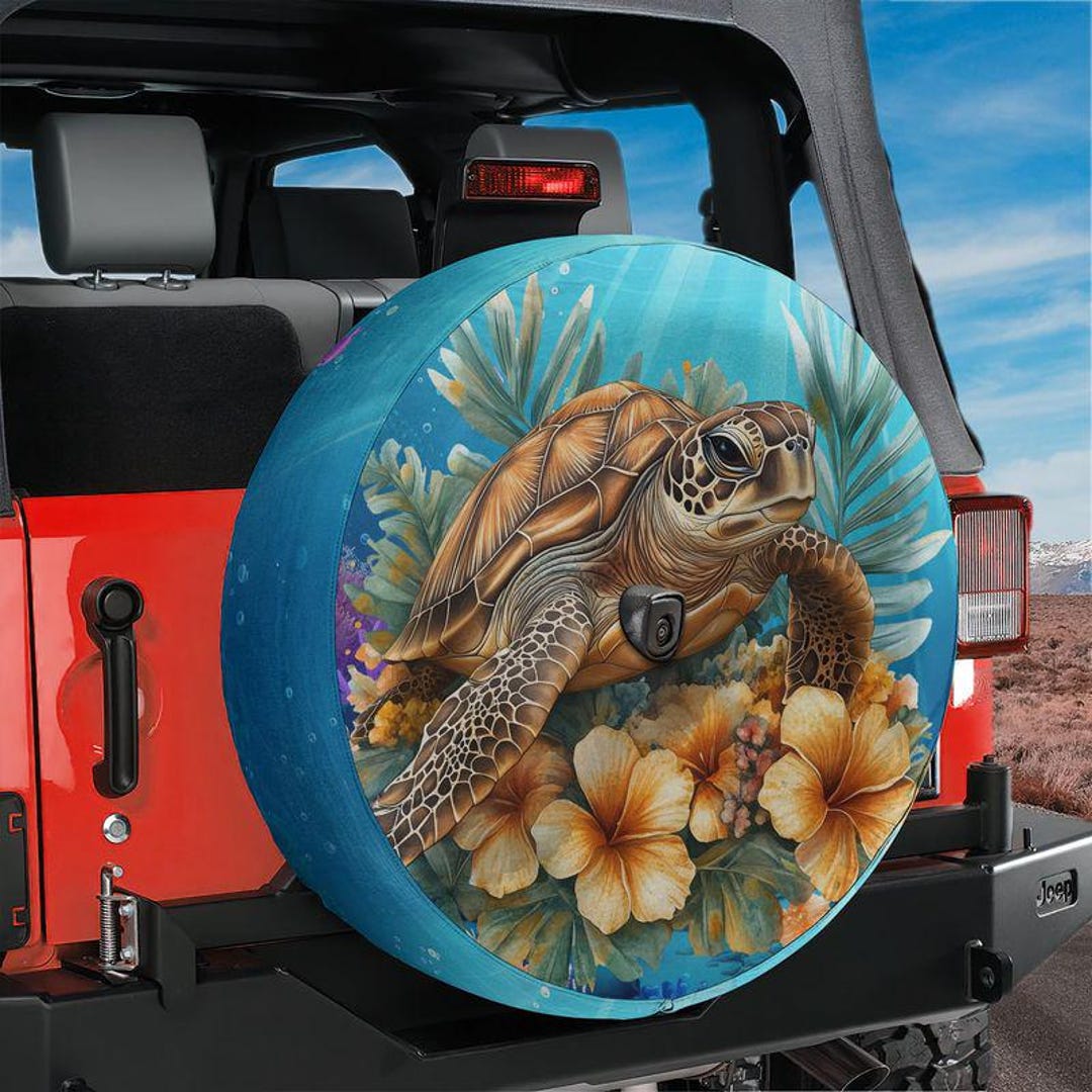 Turtle and Hibiscus Tire Cover Backup Camera Tire Cover, Turtle Car ...