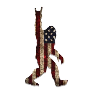 Rock On Sasquatch American Flag Vinyl Sticker | Funny Rustic Bigfoot Patriotic Decal for Car, Cooler, Laptop, Tumbler