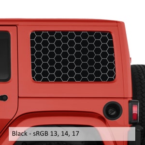 May include: A red Jeep Wrangler with a black honeycomb window shade. The shade is made of a thin, flexible material and is designed to fit over the rear window of the vehicle. The shade is held in place by suction cups.