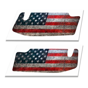 May include: Two identical sun visor decals featuring a distressed American flag pattern with a weathered metal texture, white stars on a blue field, and horizontal red and white stripes, accented by a series of small silver rivet details along the edges.