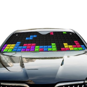 Pixel Block Puzzle Car Sun Shade, Retro Block Game Front Windshield Shade Protector, Auto Sun Visor Cover for Gamers