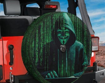 Spare Tire Anonymous Hacker Mask Matrix Style Cover With Backup Camera Hole Option For Wrangler Bronco SUV RV Camping Gift