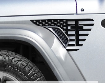Cross On American Flag Fender Vent Vinyl Decal - Fits Jeep Wrangler JL/Jeep Gladiator JT 2018+