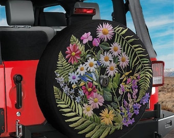 Spare Tire Faux Embroidery Wildflowers Cover With Backup Camera Hole Option For Wranglers, Broncos Full Color Print RV Floral Camping Gift