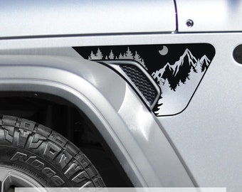 Calcomanía de vinilo de transferencia para ventilación lateral de guardabarros con montañas y árboles para Jeep Wrangler JL y Gladiator JT 2018 y diseños todoterreno más recientes.