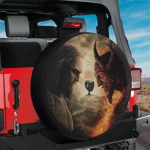 Heaven vs Hell Spare Tire Cover with Backup Camera Hole Option for Wrangler Broncos, Jesus vs Devil Religious RV Camping Gift Art