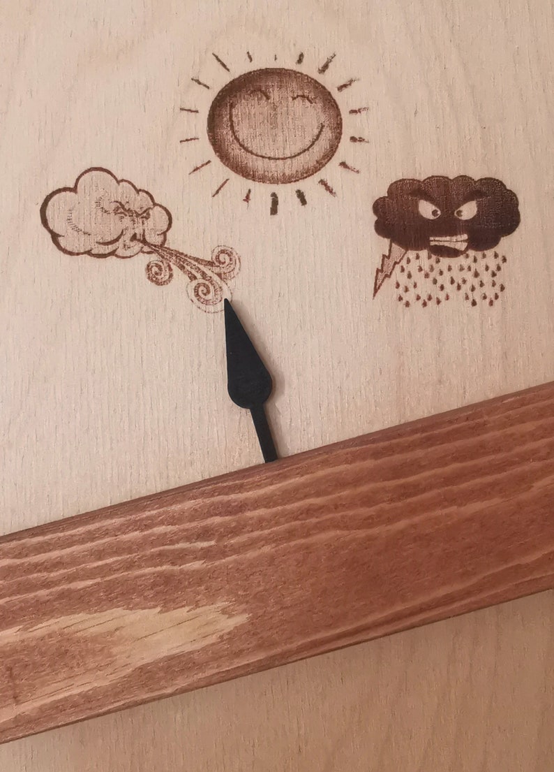 May include: A wooden weather vane with a black arrow pointing to the right. The vane has three weather symbols: a smiling sun, a cloud blowing wind, and a frowning cloud with rain and lightning.