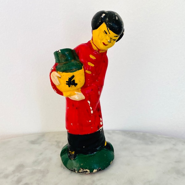 Vintage Asian Chalk Ware Woman With Water Jug Statue - Home Decor - Art