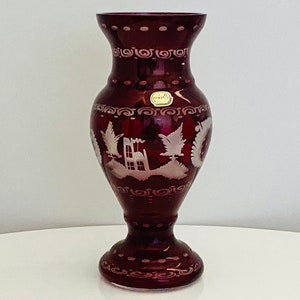 Vintage Bohemian Glass Ruby Crystal Czechoslovakian Cut Glass Vase - Home Decor - Gift