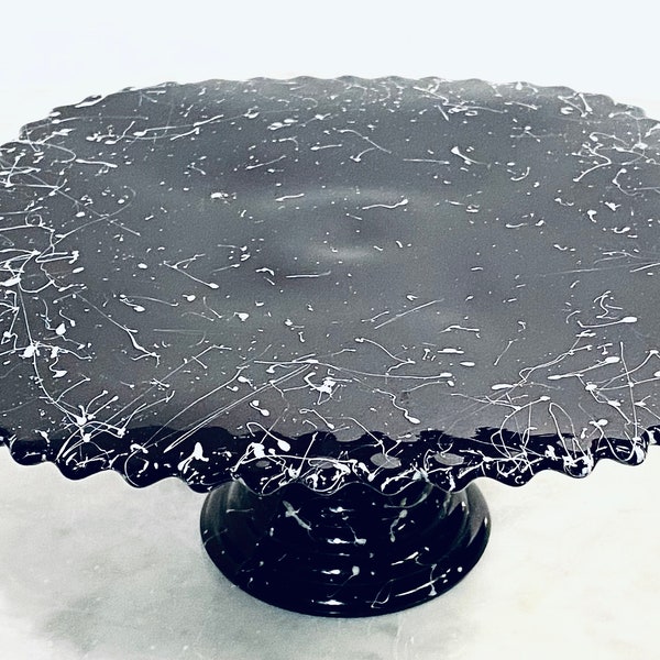 Vintage 1950s Smith Glass Confetti Ware Cake Stand Black Glass White Drizzle - Home Decor