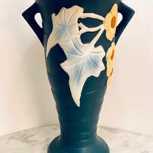 Vintage Copy Of Popular Roseville Design - Blue Luffa Flower 13&quot; Pottery Vase - Home Decor - Flower Vases - Gifts