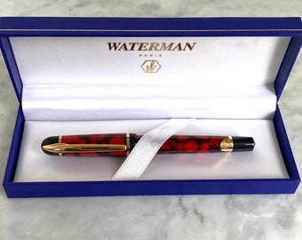 Vintage Waterman Paris Fountain Pen Coral Red Marble Medium Two Tone Nib - Never Used - Original Box