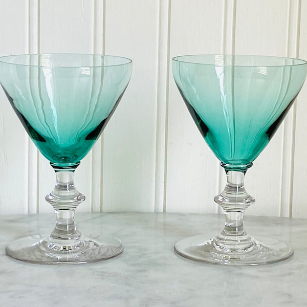 Vintage (Set of 2) Mid Century Teal Green Cocktail Aperitif Cordial Glass - Barware - Bar Glasses - Glassware