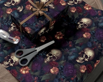 Papel de regalo ecológico con calavera botánica gótica