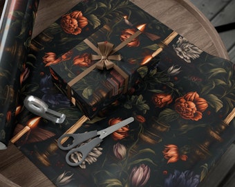 Dark Academia Gift Wrap, Books, Candles, Flowers, Romantic Wrapping Paper