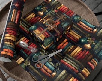 Eco-Friendly Bookshelf Christmas Gift Wrap, Book Lover Wrapping Paper