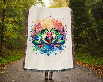Woven Frog Blanket, Colorful Cotton Throw, Frog Tapestry