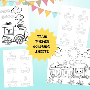 Printable Train Themed Activity Coloring Sheets, Kids Birthday Party Printable Coloring Pages, Choo Choo Train Coloring Sheets Printable